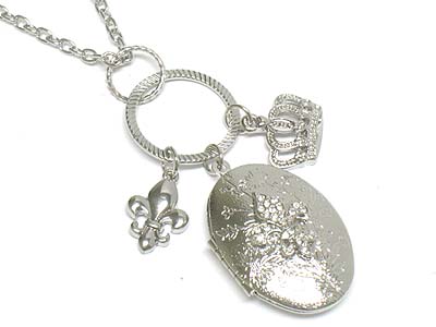 Crystal deco oval locket and charms necklace 