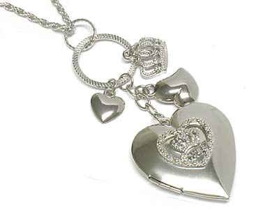 Crystal paved heart locket and charms necklace