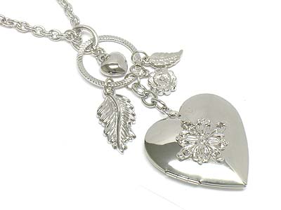 Heart locket and wing charm necklace 