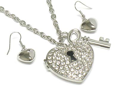 Crystal deco heart locket and key charm necdklace and earring set 