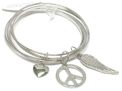 Metal peace and wing charms bangle