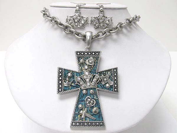 Medieval design crystal and patina metal cross pendant necklace earring set