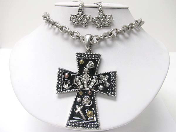 Medieval design crystal and patina metal cross pendant necklace earring set