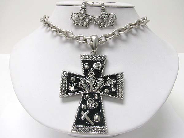 Medieval design crystal and patina metal cross pendant necklace earring set