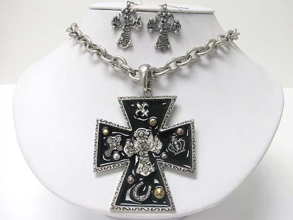 Medieval design crystal and patina metal cross pendant necklace earring set