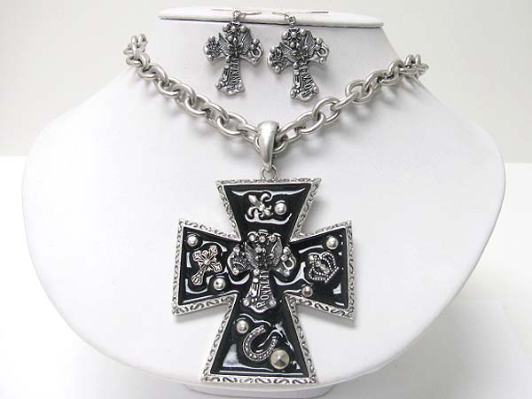 Medieval design crystal and patina metal cross pendant necklace earring set