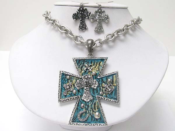 Medieval design crystal and patina metal cross pendant necklace earring set