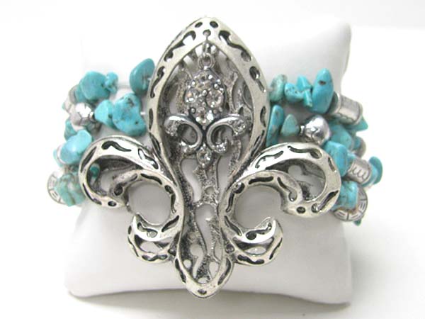 Crystal deco fleur de lis top natural chip stone stretch bracelet