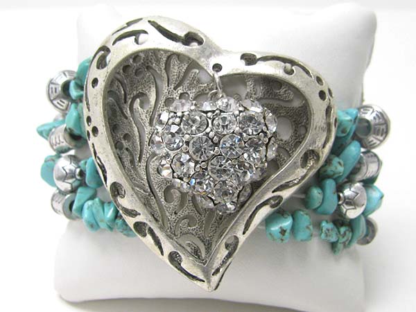 Crystal deco heart top natural chip stone stretch bracelet