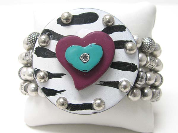 Metal stud zebra pattern art design disk top multi metal beads stretch bracelet