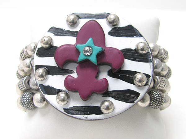 Metal stud zebra pattern art design disk top multi metal beads stretch bracelet