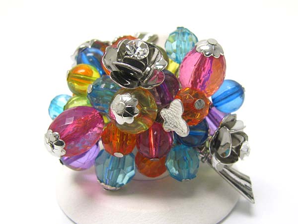 Mixed glass and acryl beads chunky cluster stretch ring