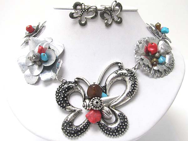 Natural chip stone deco metal butterfly and flower link necklace earring set