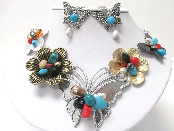 Natural chip stone deco metal butterfly and flower link necklace earring set