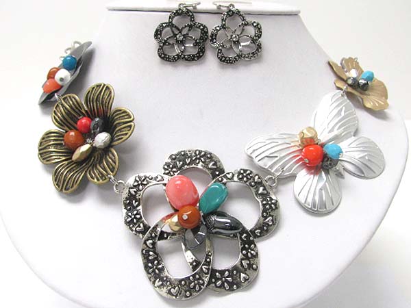 Natural chip stone deco metal butterfly and flower link necklace earring set