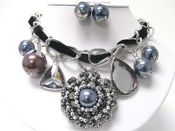 Metallic stone and pearl ball dangle necklace earring set