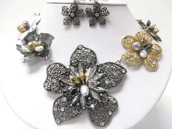 Crystal and metallic beads deco metal butterfly and flower link necklace earring set