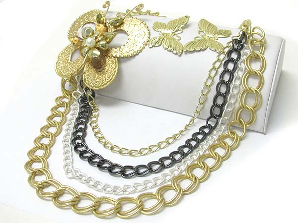 Metallic beads deco metal butterfly accent multi chain long necklace earring set