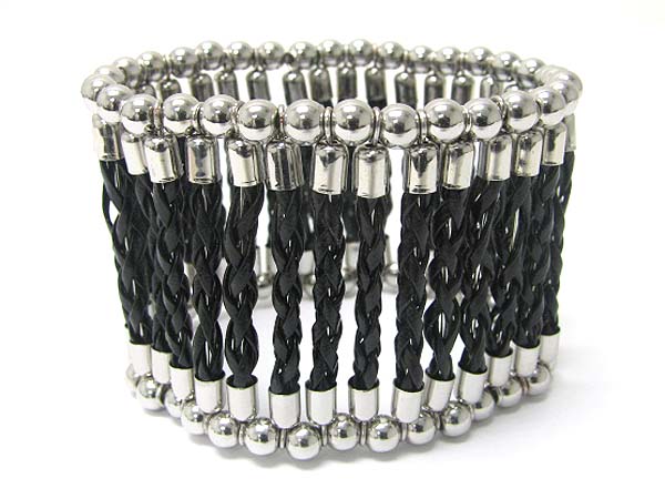 Metal edge braided cord link wide stretch bracelet