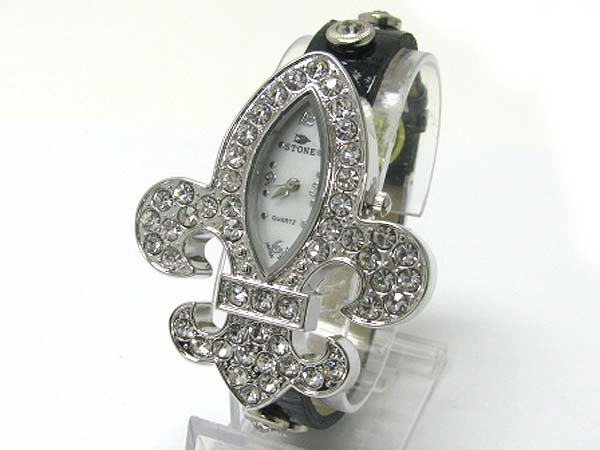 Crystal stud fleur de lis leather band watch