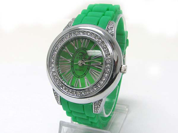 Crystal stud round face fashion rubber band watch