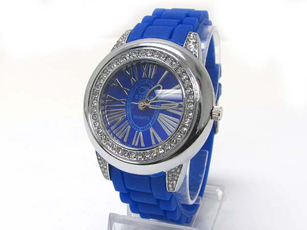 Crystal stud round face fashion rubber band watch