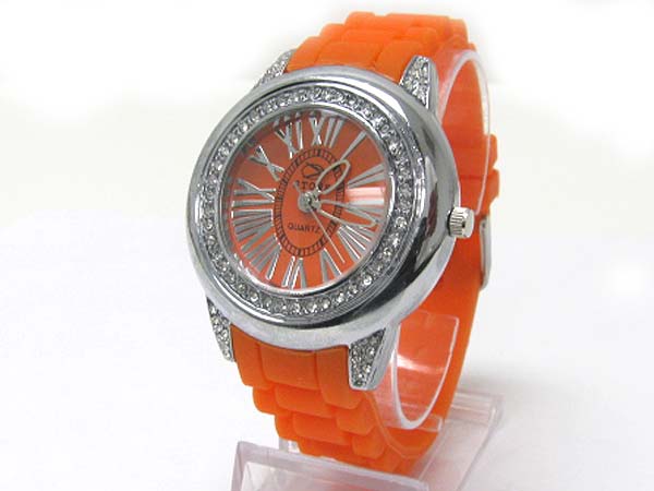 Crystal stud round face fashion rubber band watch