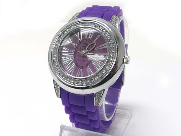 Crystal stud round face fashion rubber band watch