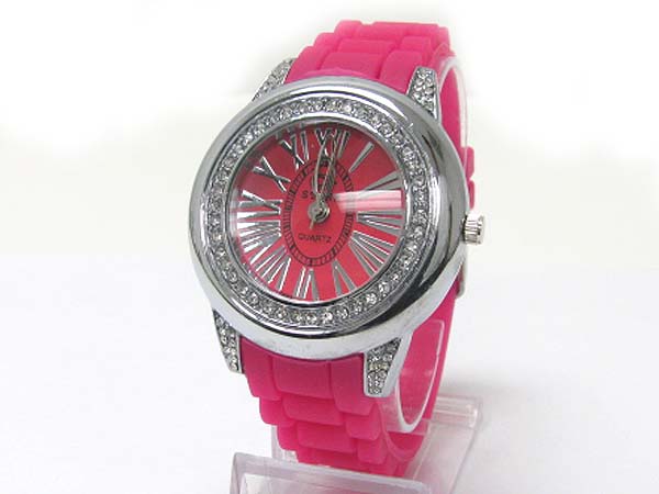 Crystal stud round face fashion rubber band watch