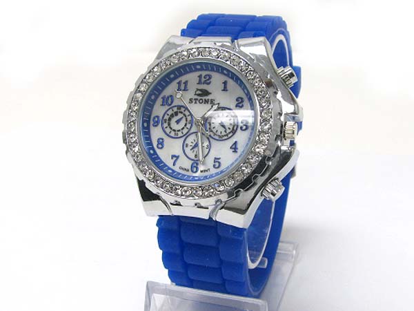 Crystal stud round face fashion rubber band watch