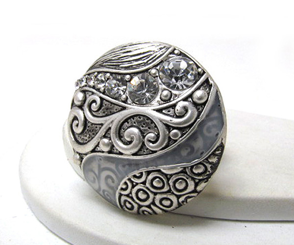 Crystal round metal filigree and designer style fashion stretch ring