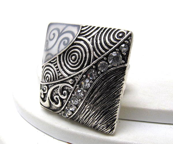 Crystal square metal filigree and designer style fashion stretch ring