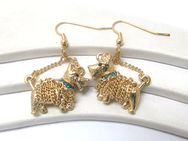 Crystal stud doggy with chain drop earring