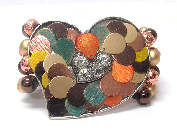 Multi oval disk inside large fashion crystal heart and multi metal balls stretch bracelet