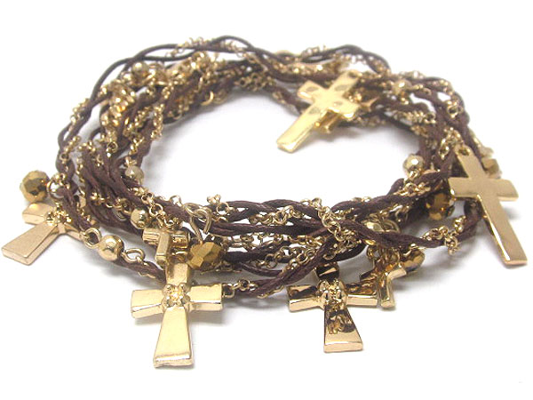 Metal cross charm dangle with multi crystal glass and metal small balls fashion cord wrap bracelet