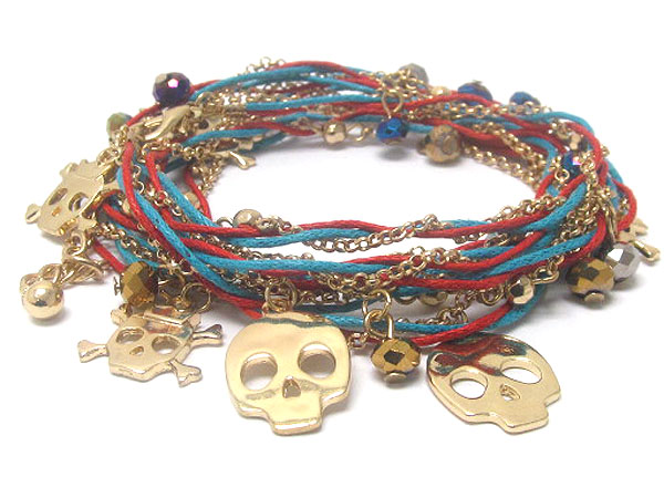 Metal skull with crown charm dangle with multi crystal glass and metal small balls fashion cord wrap bracelet