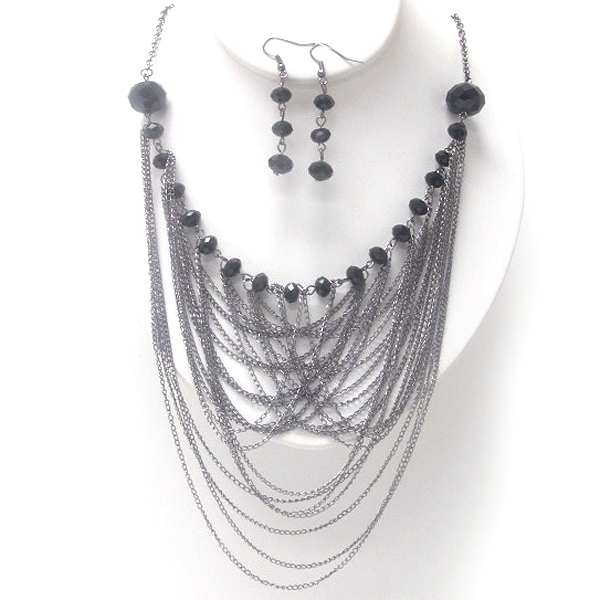 Multi chain and one line crystal glass necklace earring set