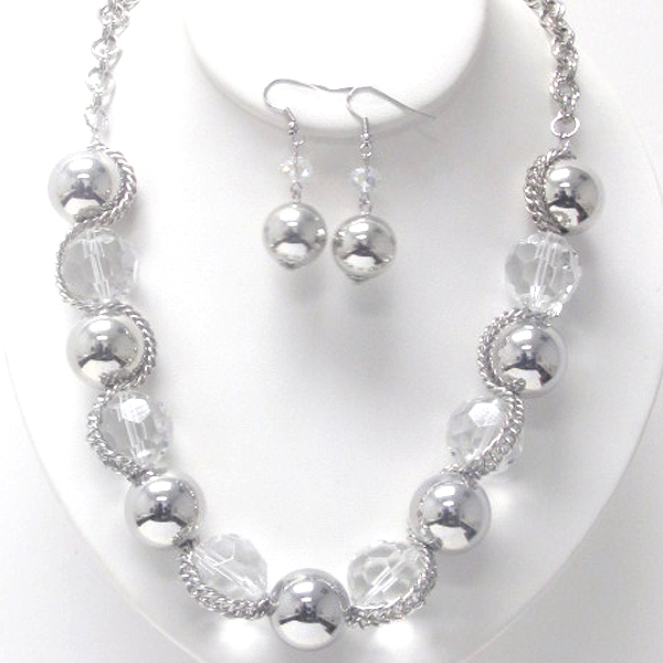 Fashion metal balls and glass balls on fashion chain necklace earring set