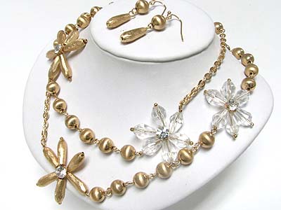 Crystal and glass flower accent long necklace earring set