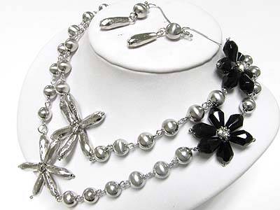 Crystal and glass flower accent long necklace earring set