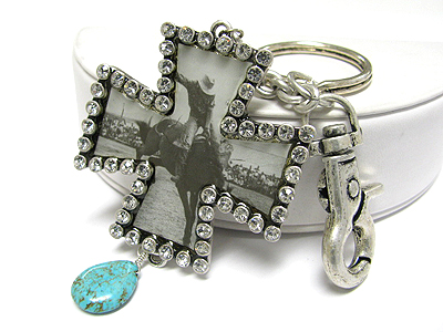 Crystal cross shape photo frame key chain charm