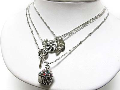 Tutti frutti triple strand crystal and metal epoxy cup cake and candy pendant necklace 