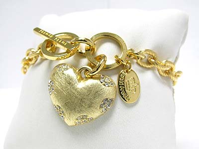 Tutti frutti crystal accent scratch metal puffy heart charm bracelet