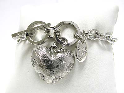 Tutti frutti crystal accent scratch metal puffy heart charm bracelet