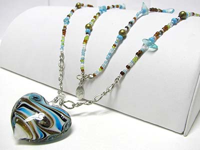 Murano glass heart pendant sed beads long necklace