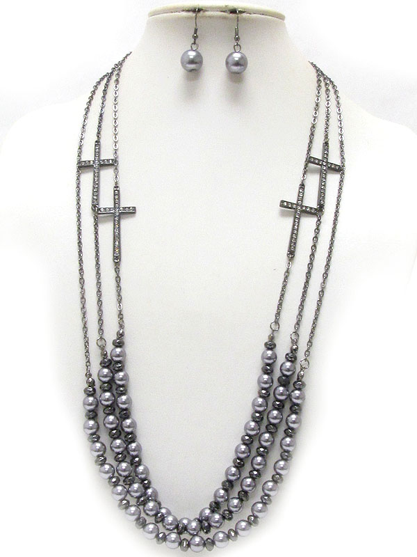 Crystal cross and metalic ball link three layer necklace earring set