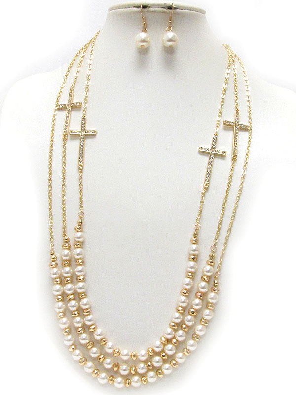 Crystal cross and pearl link three layer necklace earring set