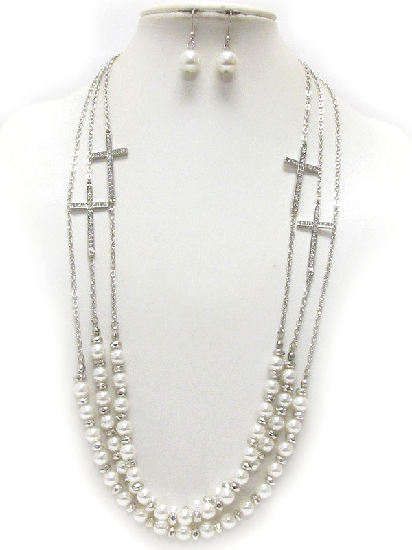 Crystal cross and pearl link three layer necklace earring set