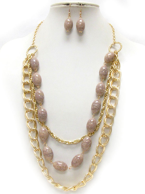 Oval stone and chain mix three layered necklace earring set