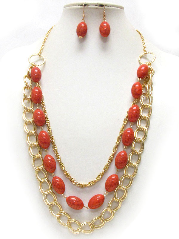 Oval stone and chain mix three layered necklace earring set